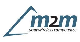 Logo mit blauer Linie, Text: "m2m your wireless competence" auf weißem Hintergrund.