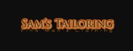 "Sam's Tailoring logo: 'Fine Men's Clothing' in orange text on black background."