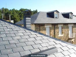 Tejados de pizarra gris en una casa de piedra con árboles al fondo.