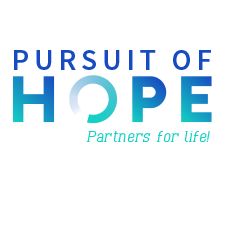 "Pursuit of Hope" logo with "Partners for life!" tagline in blue and turquoise gradient.