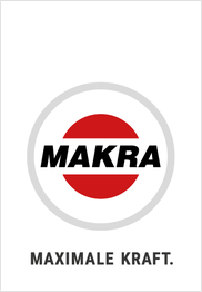 Logo von Makra, roter Kreis mit grauem Rand, Text darunter: "MAXIMALE KRAFT."