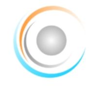 Abstraktes Logo mit grauem Kreis in der Mitte, umgeben von orange und blauen Bögen.