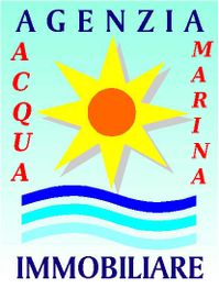 Logo con sole e onde, testo: Agenzia Acqua Marina Immobiliare. Sfondo sfumato azzurro.