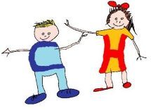 Zwei Kinderzeichnungen: links mit blauem "C", rechts mit rotem "H", fröhlich tanzend.