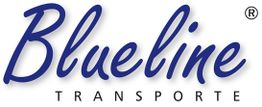 Logo mit blauem Schriftzug „Blueline Transporte“ auf weißem Hintergrund.