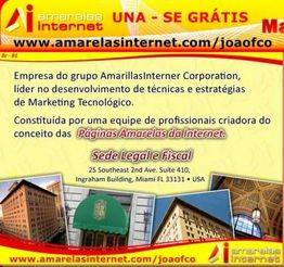 Banner promocional da Amarelas Internet; inclui endereço em Miami e fotos de edifícios.