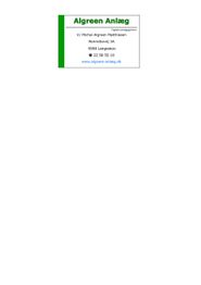 "Visitkort til Algreen Anlæg, Langeskov, med kontaktoplysninger og webadresse."