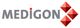 Logo mit grauem "MEDiGON"-Schriftzug und drei roten, pyramidenförmigen Symbolen rechts.