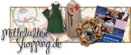 Mittelalterliche Kleidung und Schmuck auf dekorativem Hintergrund mit Schriftzug "MittelalterShopping.de".