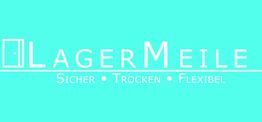 Logo mit dem Text "LagerMeile" und Slogan "Sicher • Trocken • Flexibel", auf türkisem Hintergrund.