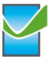 Abstraktes Logo mit blauem Hintergrund und grünem Haken in einem grauen Rechteck.