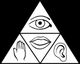 Dreieck mit Auge, Mund, Hand und Ohr-Symbolen, schwarz-weiß auf schwarzem Hintergrund.