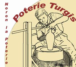 Dessin d'un potier façonnant un vase, avec le texte "Poterie Turgis – Noron la Poterie".