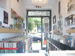 Schallplattenladen mit Vinyls, CDs und Postern an den Wänden, Blick nach draußen auf die Straße.