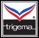 Logo von Trigema mit V-Form in Blau und Rot auf schwarzem Hintergrund.