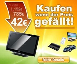 Preisschild mit Fernseher, Smartphone, Auto, Text: "Kaufen wenn der Preis gefällt!".