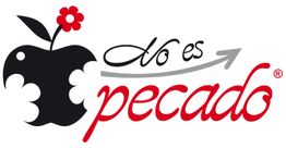 Manzana mordida con flor, texto "No es pecado" con flecha gris.