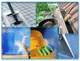 Collage von Reinigungs- und Gartenarbeiten: Wischen, Fensterputzen, Laub fegen und mehr.