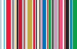 Bunte vertikale Streifen in verschiedenen Farben wie Rot, Blau, Grün und Gold auf weißem Hintergrund.