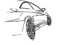 Strichzeichnung eines sportlichen Autos von hinten, Fokus auf Rad und Seitendetail.