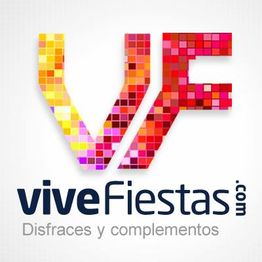 Logo de viveFiestas.com con "VF" en mosaico y texto "Disfraces y complementos".
