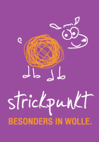 Logo mit Schaf aus Wollknäuel, Text: "strickpunkt, BESONDERS IN WOLLE." Auf lila Hintergrund.