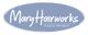 Blauw logo met witte tekst: "Mary Hairworks Organic Hairsalon".