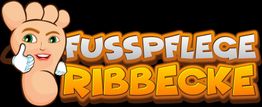 Illustration eines Fußes mit Gesicht und Text: "FUSSPFLEGE RIBBECKE" in bunten Buchstaben.