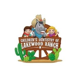 Logo with children, a smiling donkey, and cacti for Children's Dentistry of Lakewood Ranch.