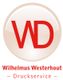 Logo mit Schriftzug "Wilhelmus Westerhout - Druckservice" und den Buchstaben "WD" in Rot.