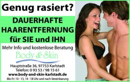 Mann und Frau lachen, Werbung für dauerhafte Haarentfernung "für SIE und IHN". Kontaktinfo unten.