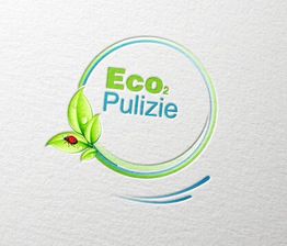 Logo con foglie verdi e scritta "Eco Pulizie" su sfondo bianco.