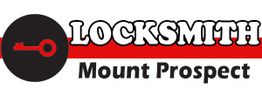 Locksmith Mount Prospect logo with a key icon on a red and black background.