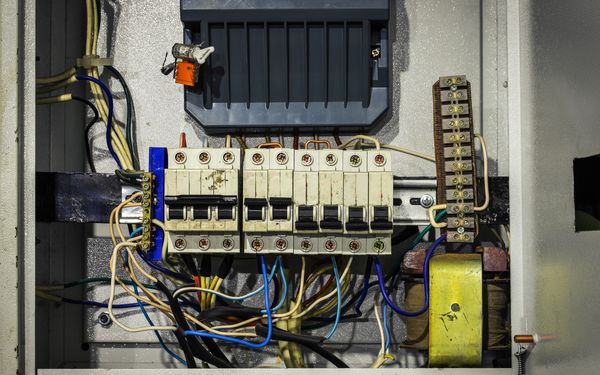 Defekte und veraltete Elektrik in einem Sicherungskasten.