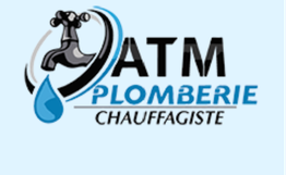 Logo d'ATM Plomberie avec un robinet et une goutte d'eau, texte "Chauffagiste".