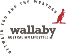 Logo mit rotem Känguru, Text: "Wallaby Australian Lifestyle, Between You and the Weather".