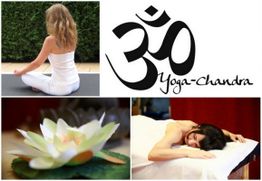 Frau meditiert, Lotosblüte und Frau bei Massage. "Yoga-Chandra"-Logo oben rechts.