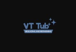 Logo of "VT Tub" with text "Reglazing and Refinishing" and decorative stars.