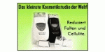 Zwei Kosmetikgeräte auf grünem Hintergrund, Text: "Reduziert Falten und Cellulite."