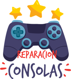 Mando de videojuegos con texto: "Reparación consolas" y estrellas amarillas brillantes.