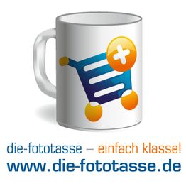Weiße Fototasse mit Einkaufswagen-Symbol, Text: "die-fototasse – einfach klasse!"