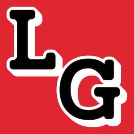 Letras "L" y "G" en negro con borde blanco sobre fondo rojo.