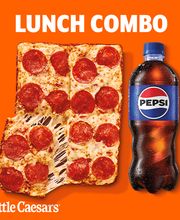 Pizza de pepperoni con botella de Pepsi sobre fondo naranja. Texto: "Lunch Combo", "Little Caesars".