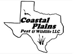 Outline of Texas with text: "Coastal Plains Pest & Wildlife LLC," bird and reeds illustrations.