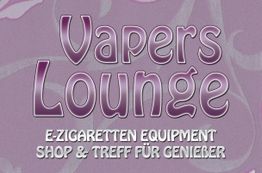 Text auf lila Hintergrund: "Vapers Lounge - E-Zigaretten Equipment, Shop & Treff für Genießer".