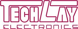 Schriftzug "Techlay Electronics" in moderner, rot-pinker Schrift auf weißem Hintergrund.