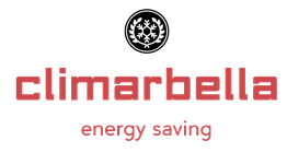 Logotipo de Climarbella con el texto "energy saving" y símbolo de nieve y hojas.