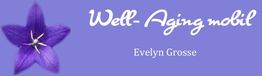 Lila Blume links, Text: "Well-Aging mobil, Evelyn Grosse" auf lila Hintergrund.