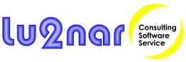 Logo mit Text "lu2nar" und "Consulting Software Service" in blau und gelb.