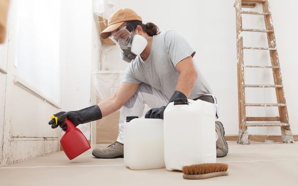 Ein Maler bekämpft den Schimmelbefall unter einem Fenster mit einem speziellen Mittel.